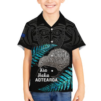 Custom New Zealand Silver Fern Rugby Family Matching Short Sleeve Bodycon Dress and Hawaiian Shirt Pacific 2023 Kia Haka Kiwis With Maori Ta Moko LT14 Son's Shirt Black - Polynesian Pride