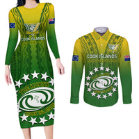 Custom Cook Islands Rugby Couples Matching Long Sleeve Bodycon Dress and Long Sleeve Button Shirts Pacific 2023 Go The Kukis LT14 Green - Polynesian Pride