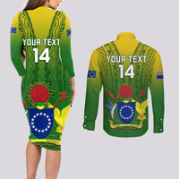 Custom Cook Islands Rugby Couples Matching Long Sleeve Bodycon Dress and Long Sleeve Button Shirts Pacific 2023 Go The Kukis LT14 - Polynesian Pride