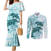 Polynesia Dolphins Couples Matching Mermaid Dress and Long Sleeve Button Shirt Valentine Day Floral Polynesian - Vintage Dark Cyan LT14 Dark Cyan - Polynesian Pride