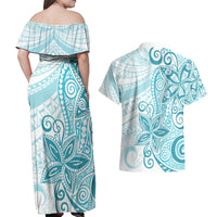Polynesia Dolphins Couples Matching Off Shoulder Maxi Dress and Hawaiian Shirt Valentine Day Floral Polynesian - Vintage Dark Cyan LT14 - Polynesian Pride