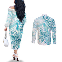 Polynesia Dolphins Couples Matching Off The Shoulder Long Sleeve Dress and Long Sleeve Button Shirt Valentine Day Floral Polynesian - Vintage Dark Cyan LT14 - Polynesian Pride