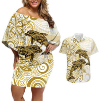 Polynesia Dolphins Couples Matching Off Shoulder Short Dress and Hawaiian Shirt Valentine Day Floral Polynesian - Vintage Brown LT14 Brown - Polynesian Pride