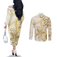 Polynesia Dolphins Couples Matching Off The Shoulder Long Sleeve Dress and Long Sleeve Button Shirt Valentine Day Floral Polynesian - Vintage Brown LT14 - Polynesian Pride