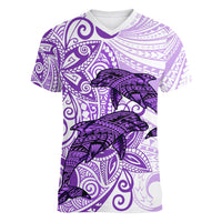 Polynesia Dolphins Women V Neck T Shirt Valentine Day Floral Polynesian - Vintage Purple LT14 Female Purple - Polynesian Pride