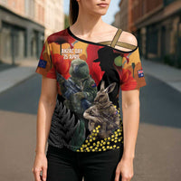 New Zealand and Australia ANZAC Day Cross Shoulder Shirt Sliver Fern Kakapo With Golden Wattle Kangaroo - Polynesian Pride