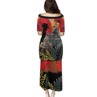 New Zealand and Australia ANZAC Day Family Matching Puletasi and Hawaiian Shirt Sliver Fern Kakapo With Golden Wattle Kangaroo