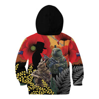 New Zealand and Australia ANZAC Day Kid Hoodie Sliver Fern Kakapo With Golden Wattle Kangaroo