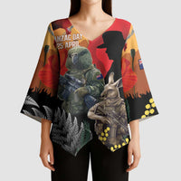 New Zealand and Australia ANZAC Day Kimono Sleeve Blouse Sliver Fern Kakapo With Golden Wattle Kangaroo - Polynesian Pride