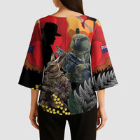 New Zealand and Australia ANZAC Day Kimono Sleeve Blouse Sliver Fern Kakapo With Golden Wattle Kangaroo - Polynesian Pride