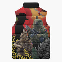 New Zealand and Australia ANZAC Day Sleeveless Puffer Jacket Sliver Fern Kakapo With Golden Wattle Kangaroo - Polynesian Pride
