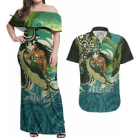 Aotearoa Tangaroa Atua Couples Matching Off Shoulder Maxi Dress and Hawaiian Shirt New Zealand God Of The Ocean