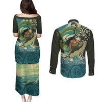 Aotearoa Tangaroa Atua Couples Matching Puletasi and Long Sleeve Button Shirt New Zealand God Of The Ocean
