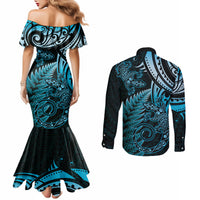 New Zealand Lizard Couples Matching Mermaid Dress and Long Sleeve Button Shirt Silver Fern Aotearoa Maori Blue Version