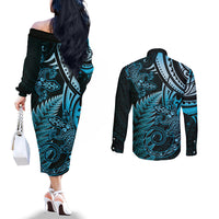 New Zealand Lizard Couples Matching Off The Shoulder Long Sleeve Dress and Long Sleeve Button Shirt Silver Fern Aotearoa Maori Blue Version