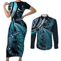 New Zealand Lizard Couples Matching Short Sleeve Bodycon Dress and Long Sleeve Button Shirt Silver Fern Aotearoa Maori Blue Version