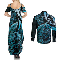 New Zealand Lizard Couples Matching Summer Maxi Dress and Long Sleeve Button Shirt Silver Fern Aotearoa Maori Blue Version LT14 - Polynesian Pride