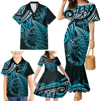 New Zealand Lizard Family Matching Mermaid Dress and Hawaiian Shirt Silver Fern Aotearoa Maori Blue Version