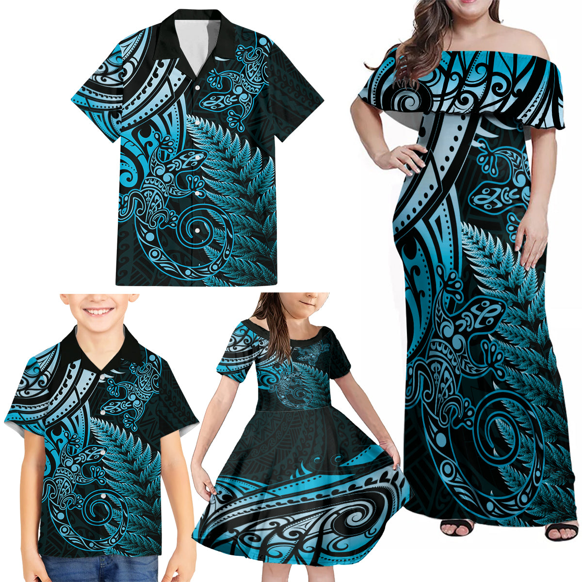 New Zealand Lizard Family Matching Off Shoulder Maxi Dress and Hawaiian Shirt Silver Fern Aotearoa Maori Blue Version