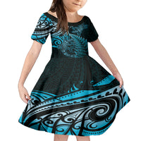 New Zealand Lizard Family Matching Puletasi and Hawaiian Shirt Silver Fern Aotearoa Maori Blue Version LT14 Daughter's Dress Blue - Polynesian Pride