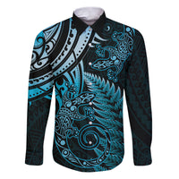 New Zealand Lizard Family Matching Puletasi and Hawaiian Shirt Silver Fern Aotearoa Maori Blue Version LT14 Dad's Shirt - Long Sleeve Blue - Polynesian Pride