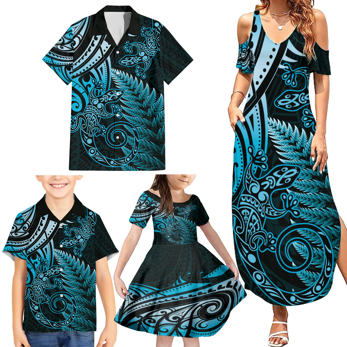 New Zealand Lizard Family Matching Summer Maxi Dress and Hawaiian Shirt Silver Fern Aotearoa Maori Blue Version