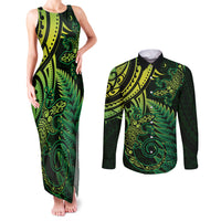 New Zealand Lizard Couples Matching Tank Maxi Dress and Long Sleeve Button Shirt Silver Fern Aotearoa Maori Green Version