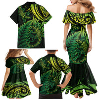 New Zealand Lizard Family Matching Mermaid Dress and Hawaiian Shirt Silver Fern Aotearoa Maori Green Version