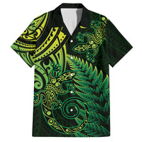 New Zealand Lizard Family Matching Off Shoulder Short Dress and Hawaiian Shirt Silver Fern Aotearoa Maori Green Version