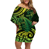 New Zealand Lizard Family Matching Off Shoulder Short Dress and Hawaiian Shirt Silver Fern Aotearoa Maori Green Version