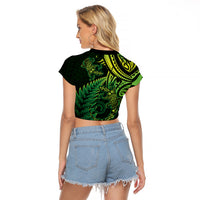 New Zealand Lizard Raglan Cropped T Shirt Silver Fern Aotearoa Maori Green Version