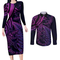 New Zealand Lizard Couples Matching Long Sleeve Bodycon Dress and Long Sleeve Button Shirt Silver Fern Aotearoa Maori Purple Version