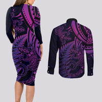 New Zealand Lizard Couples Matching Long Sleeve Bodycon Dress and Long Sleeve Button Shirt Silver Fern Aotearoa Maori Purple Version