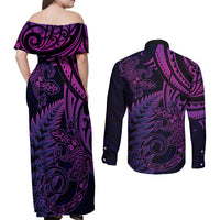 New Zealand Lizard Couples Matching Off Shoulder Maxi Dress and Long Sleeve Button Shirt Silver Fern Aotearoa Maori Purple Version