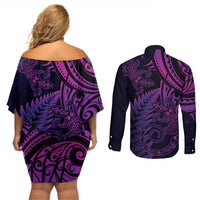 New Zealand Lizard Couples Matching Off Shoulder Short Dress and Long Sleeve Button Shirt Silver Fern Aotearoa Maori Purple Version