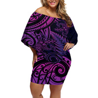 New Zealand Lizard Off Shoulder Short Dress Silver Fern Aotearoa Maori Purple Version