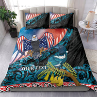 Personalised United States And New Zealand Bedding Set USA Eagle With Kowhai Aotearoa Tui Bird