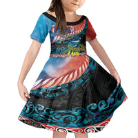 Personalised United States And New Zealand Family Matching Off Shoulder Short Dress and Hawaiian Shirt USA Eagle With Kowhai Aotearoa Tui Bird LT14 Daughter's Dress Blue - Polynesian Pride