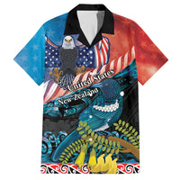 Personalised United States And New Zealand Family Matching Off Shoulder Short Dress and Hawaiian Shirt USA Eagle With Kowhai Aotearoa Tui Bird LT14 Dad's Shirt - Short Sleeve Blue - Polynesian Pride