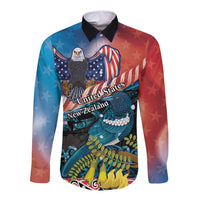 Personalised United States And New Zealand Long Sleeve Button Shirt USA Eagle With Kowhai Aotearoa Tui Bird