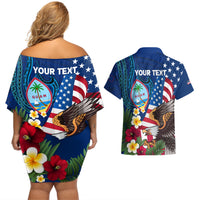 Personalised United States And Guam Couples Matching Off Shoulder Short Dress and Hawaiian Shirt USA Eagle With Guahan Seal Tropical Vibes