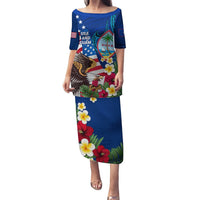 Personalised United States And Guam Puletasi USA Eagle With Guahan Seal Tropical Vibes LT14 Long Dress Blue - Polynesian Pride