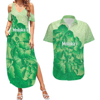 Aloha Hawaii Molokai Island Couples Matching Summer Maxi Dress and Hawaiian Shirt Hibiscus Tribal Honu Hawaiian Tattoo Green