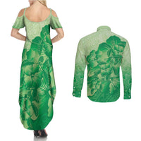 Aloha Hawaii Molokai Island Couples Matching Summer Maxi Dress and Long Sleeve Button Shirt Hibiscus Tribal Honu Hawaiian Tattoo Green