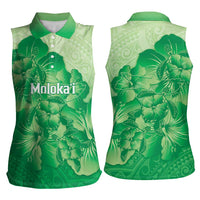 Aloha Hawaii Molokai Island Women Sleeveless Polo Shirt Hibiscus Tribal Honu Hawaiian Tattoo Green