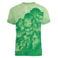 Aloha Hawaii Molokai Island Women V-Neck T-Shirt Hibiscus Tribal Honu Hawaiian Tattoo Green