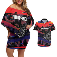 Philippines Sun Tattoo Couples Matching Off Shoulder Short Dress and Hawaiian Shirt Feathers Filipinas Grunge Style Black
