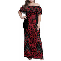 Red Aotearoa Mangopare Kowhaiwhai and Niho Taniwha Family Matching Off Shoulder Maxi Dress and Hawaiian Shirt Maori New Zealand