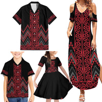 Red Aotearoa Mangopare Kowhaiwhai and Niho Taniwha Family Matching Summer Maxi Dress and Hawaiian Shirt Maori New Zealand