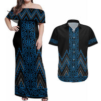 Blue Aotearoa Mangopare Kowhaiwhai and Niho Taniwha Couples Matching Off Shoulder Maxi Dress and Hawaiian Shirt Maori New Zealand